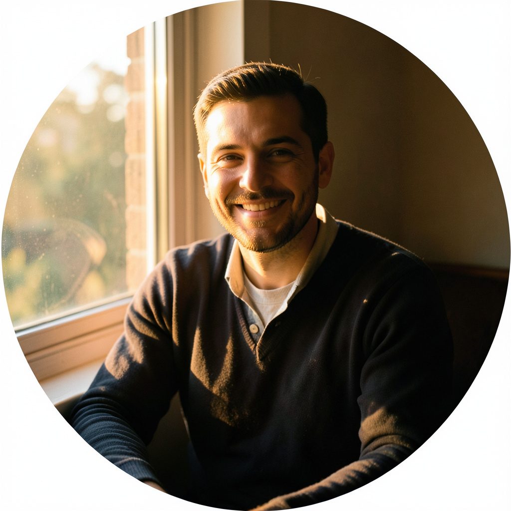 A circular portrait of a smiling writer seated by a warm window, golden-hour light casting soft amber tones across the frame