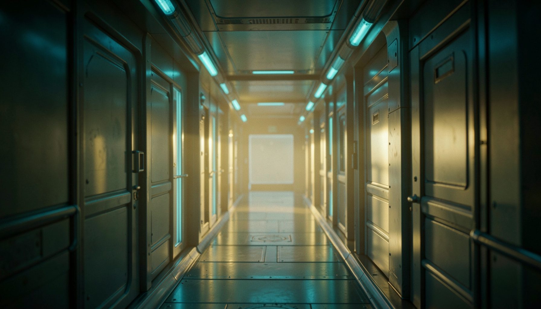 A dimly lit space station corridor with soft cyan lighting and reflective metallic panels receding into the distance