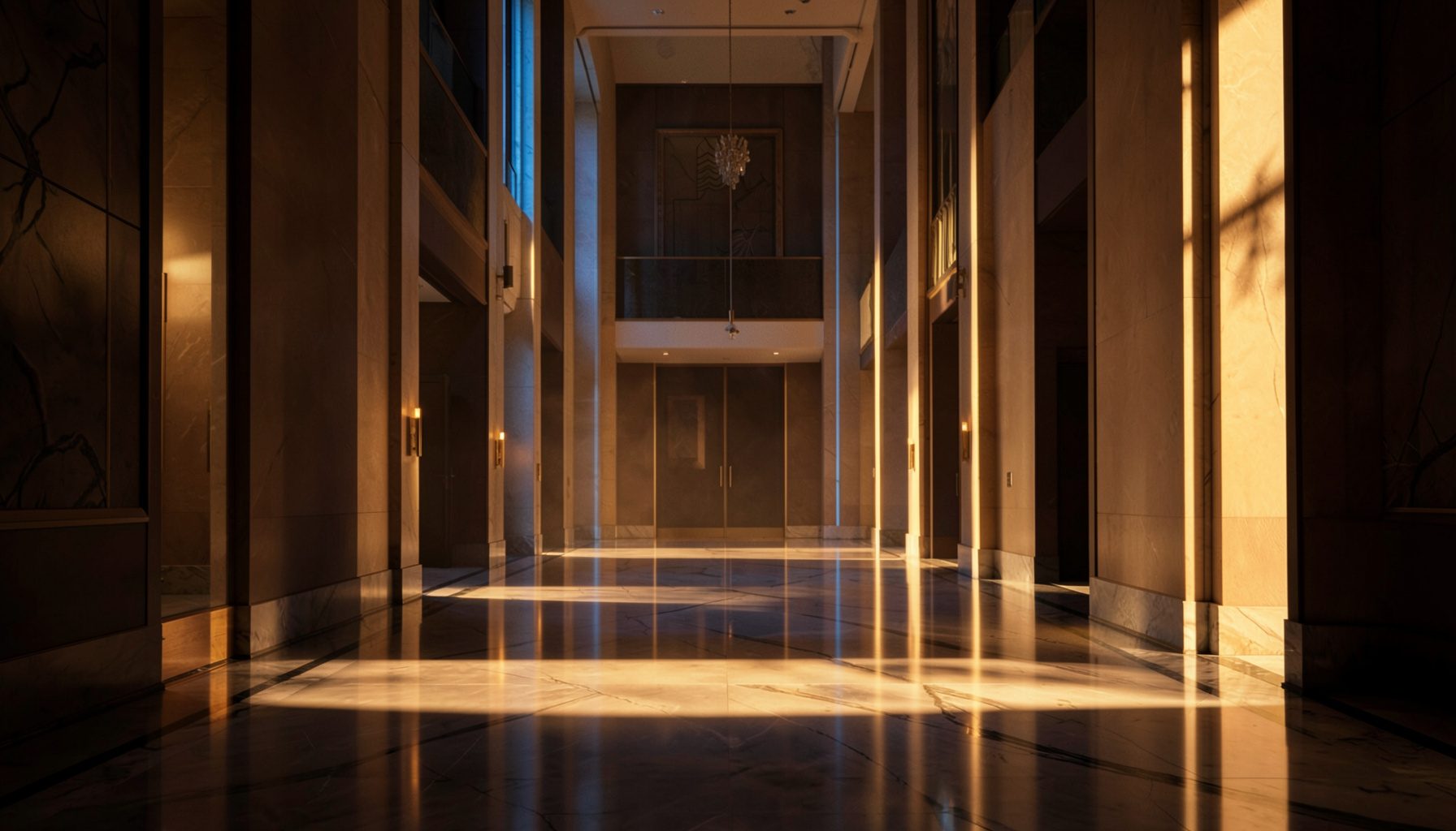 A dramatic photograph of a tall art deco lobby bathed in warm golden-hour light, with deep amber tones and soft shadows stretching across polished marble floors