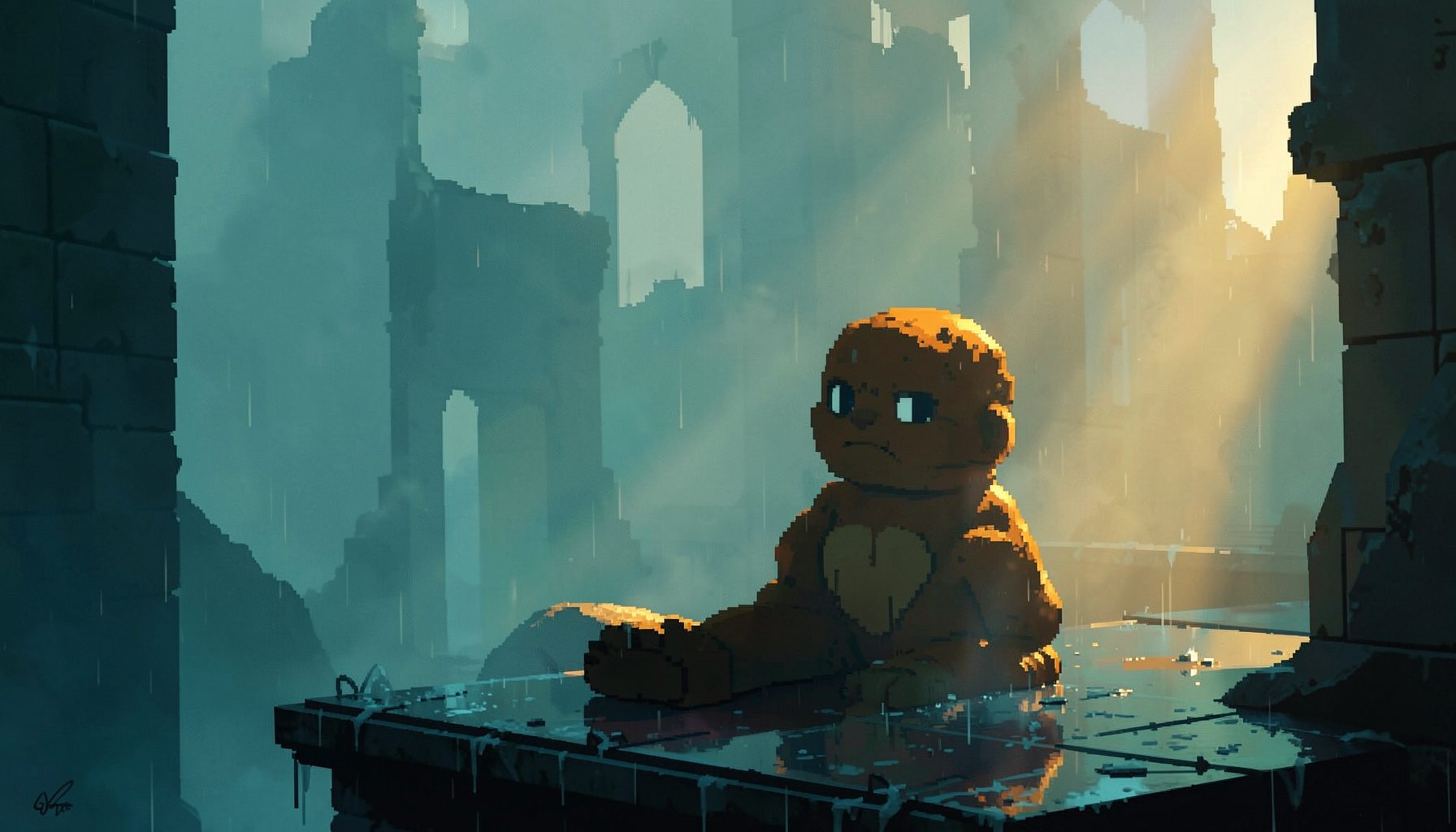 A moody pixel-art creature perched on a rain-slicked platform, deep teal and amber tones drifting through a foggy ruin